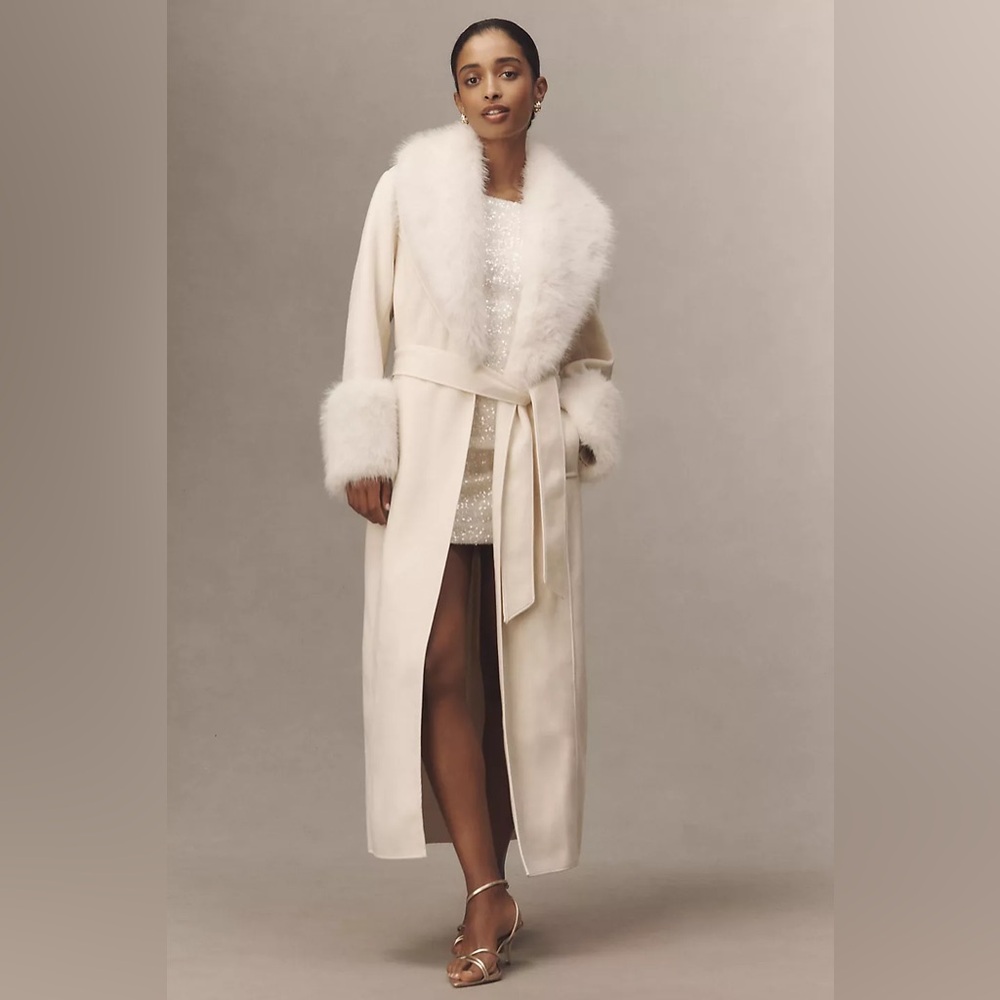 Elliatt Aria Faux Fur Trim Belted Coat in Cream Size XL NWT - Picture 5 of 10